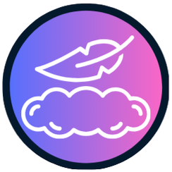 Gradient circle icon with feather and cloud design on a white background